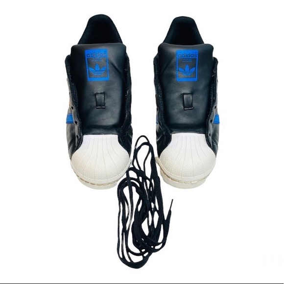 Adidas Superstar Sneakers. Colors: Black, Blue, Orange with gold Superstar logo. - Picture 2 of 5